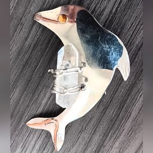 Silver dolphin pin brooch with quartz crystal